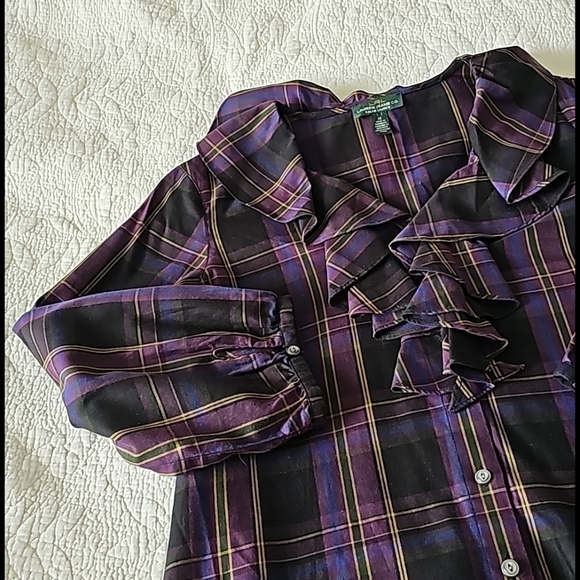 LRL Ruffled Trim Neckline Buttondown Plaid Blouse - Picture 14 of 15